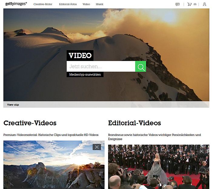 Startseite der Videosuche auf der Webseite von Getty Images